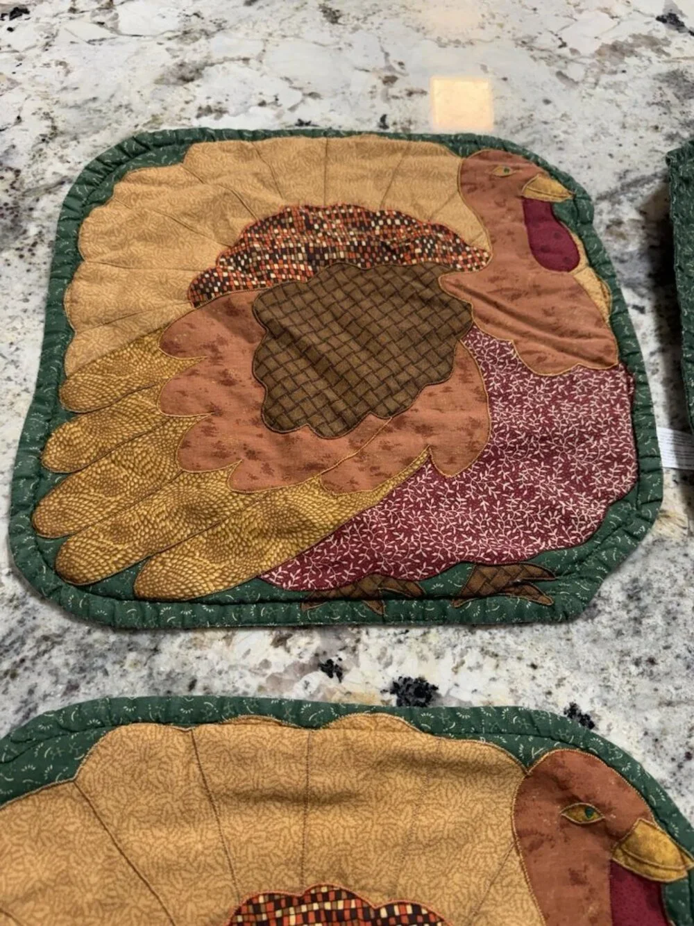 4 Vintage Quilted Turkey Patchwork Thanksgiving  Placemats Set Holiday Table Top